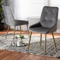 Baxton Studio DC178-Grey Velvet/Gold-DC Gavino Modern Luxe and Glam Grey Velvet Fabric Upholstered and Gold Finished Metal 2-Piece Dining Chair Sete